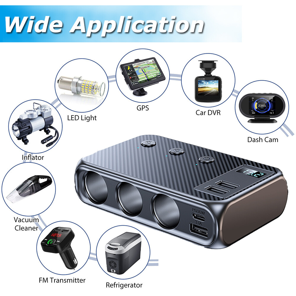 9in1 Car Cigarette Lighter Socket Splitter USB C Plug Fast Charging 3Way Adapter