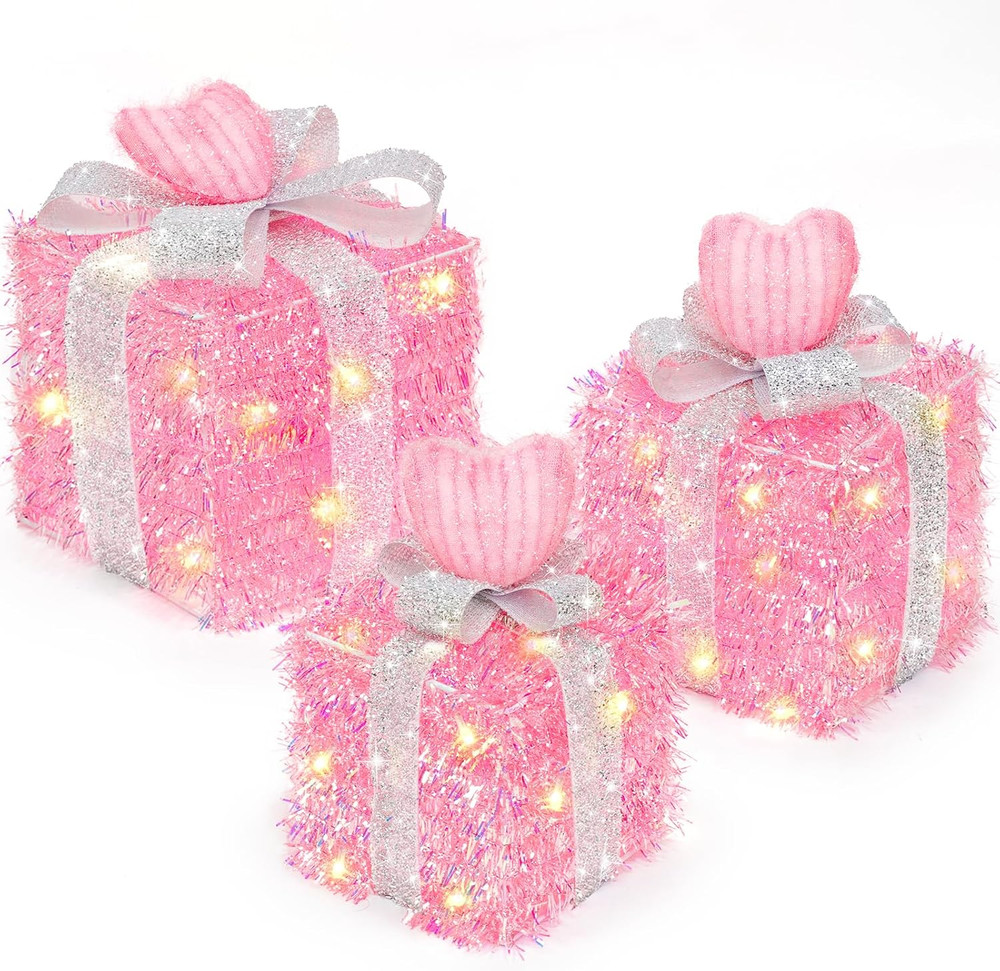 Timer & 8 Mode 3 Pack Pink Valentines Decorations Valentines Lighted Gift Boxes