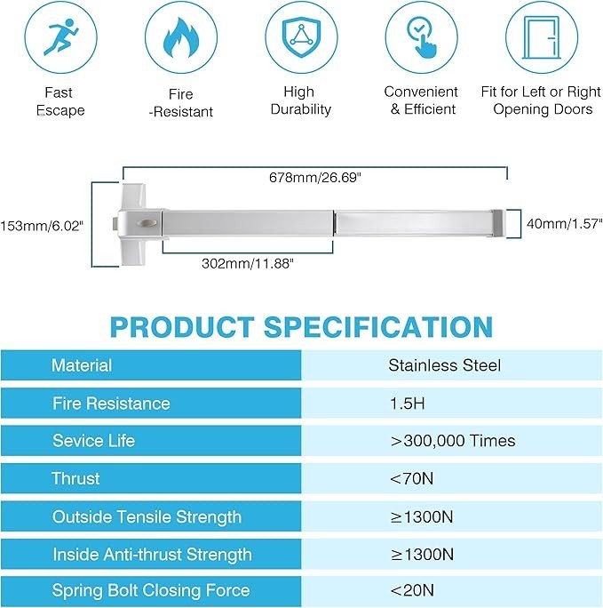 Panic Bars for Exit Doors, 27.5” Stainless Steel Emergency Door Push Bar Exit