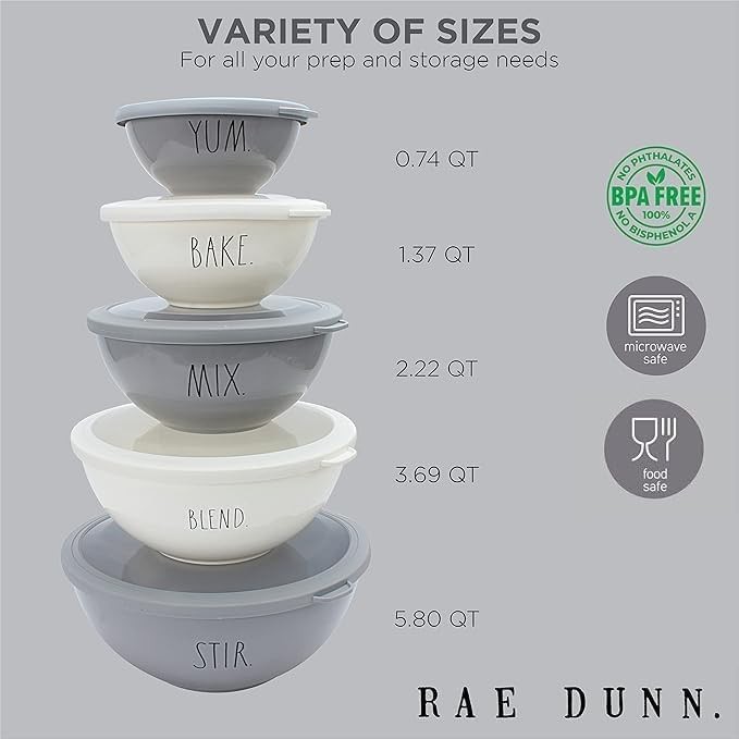 Rae Dunn Mixing Bowls with Lids - 10 Piece Plastic Nesting Bowls Set includes 5