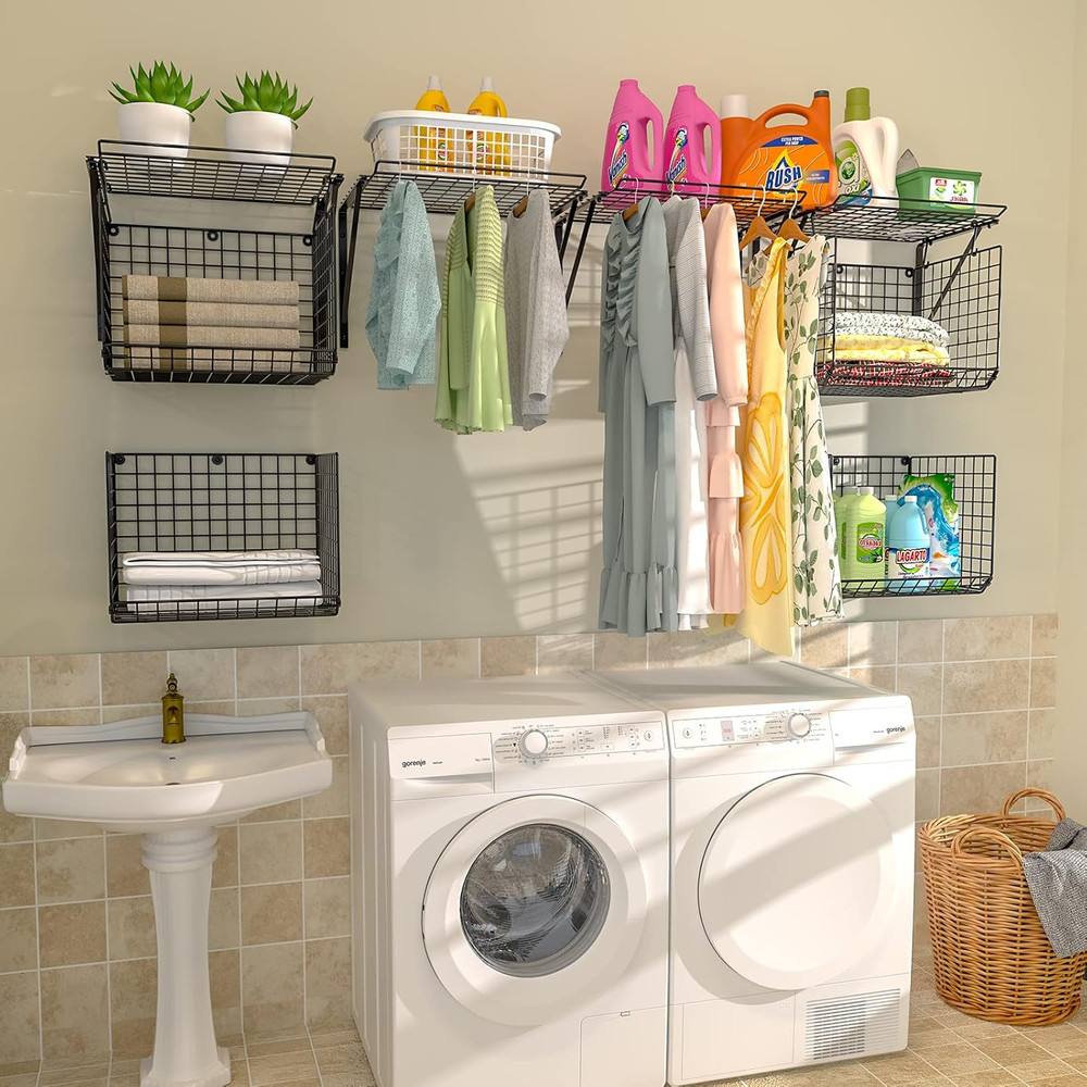 2 Pack Wall Mounted Laundry Shelves with Hooks & Wire Baskets, Black