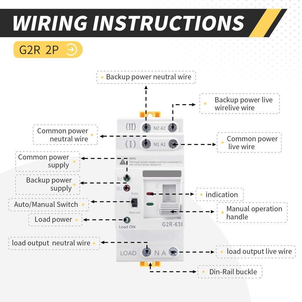 Mini ATS AC Automatic/Manual Transfer Switch 2P 63A 110V, Manual...