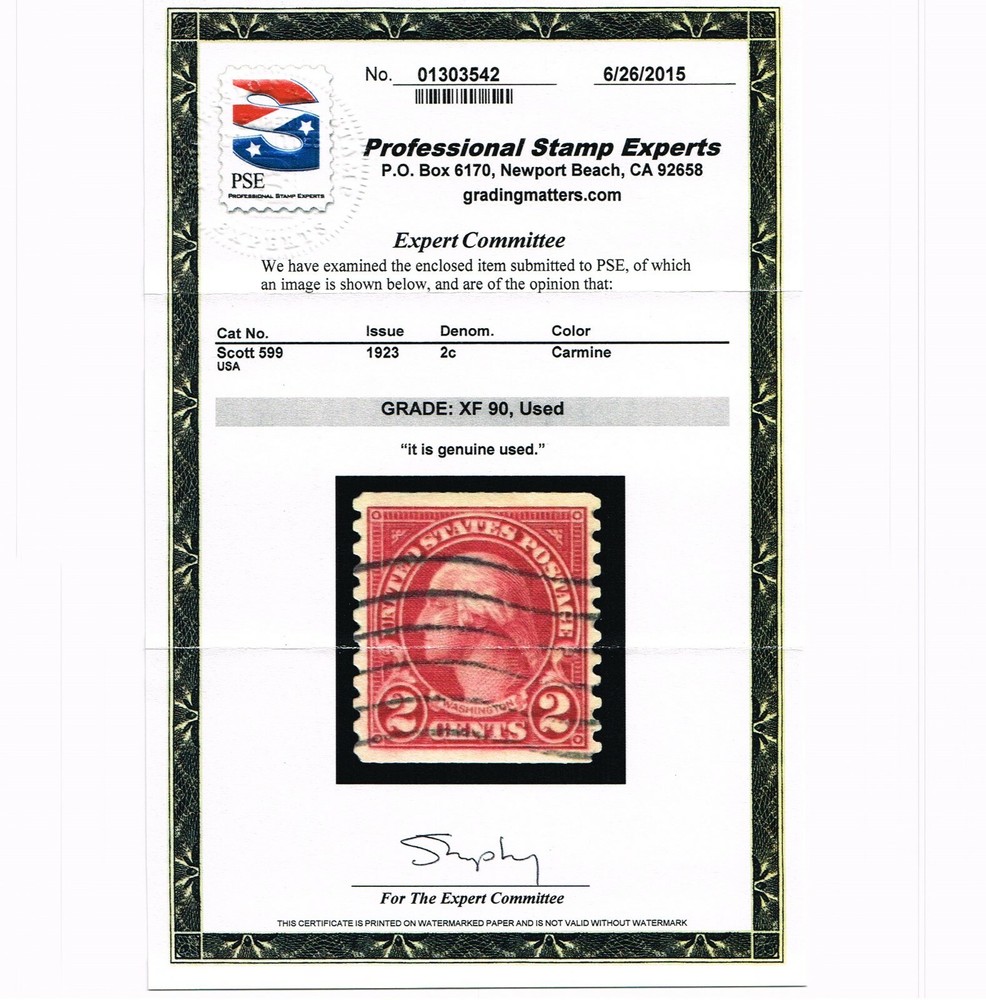 EXCEPTIONAL GENUINE SCOTT #599 USED COIL SINGLE PSE CERT GRADED XF-90  #9731