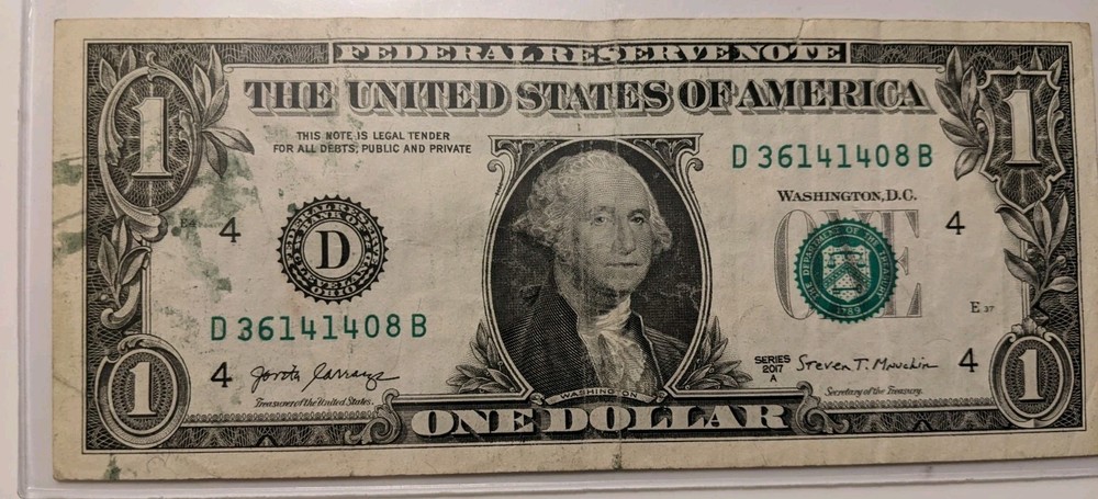 2017 $1 Bill With A Matte Inking Error