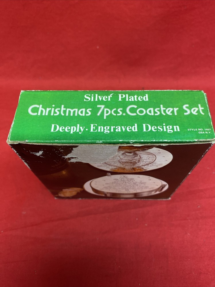 Silver Plated Christmas 7 Pcs Coaster Set Deeply Engraved Christmas Tree