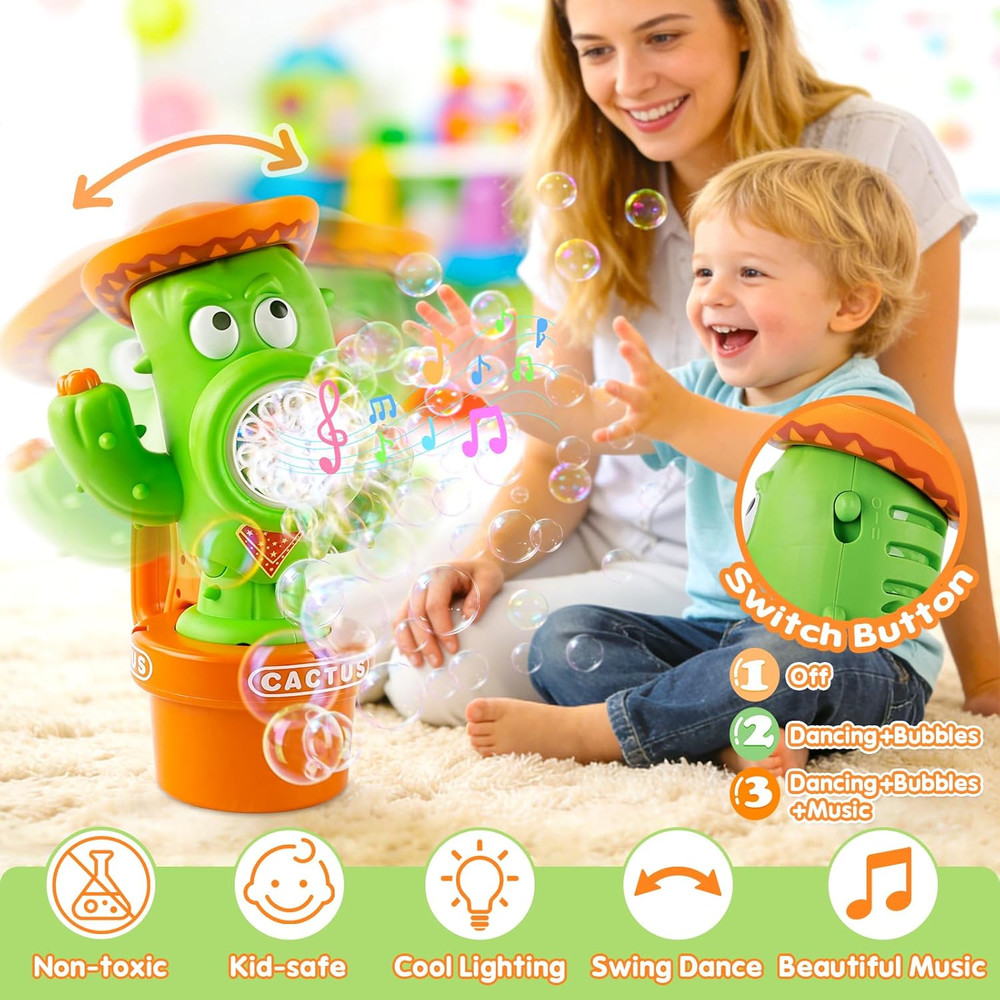 Cactus Bubble Machine, Automatic Bubble Blower with Music & Wiggle Action, Porta