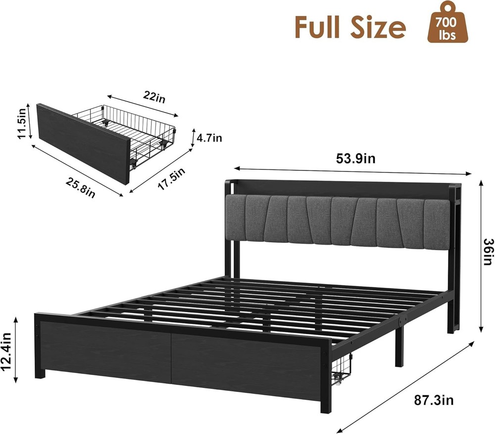 Full Size Bed Frame W/Storage Headboard Industrial Full Platform Bed W/2 Drawe