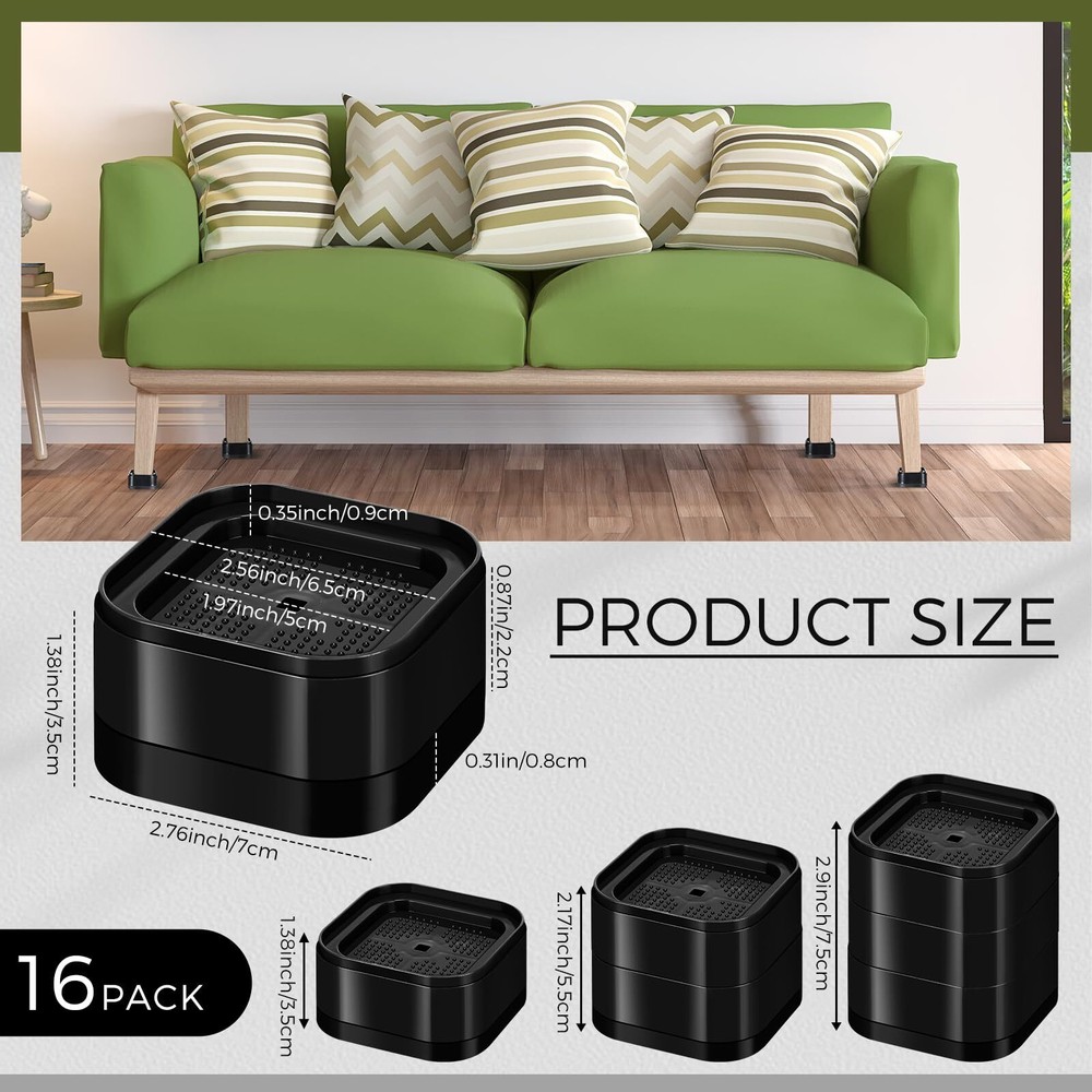Furniture Bed Risers 16Pack Heavy Duty Black Stackable Square Raising Blocks