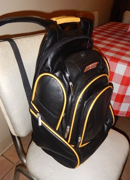 Backpack PAC MAN Leather Multi Pocket Black w/Yellow MINT