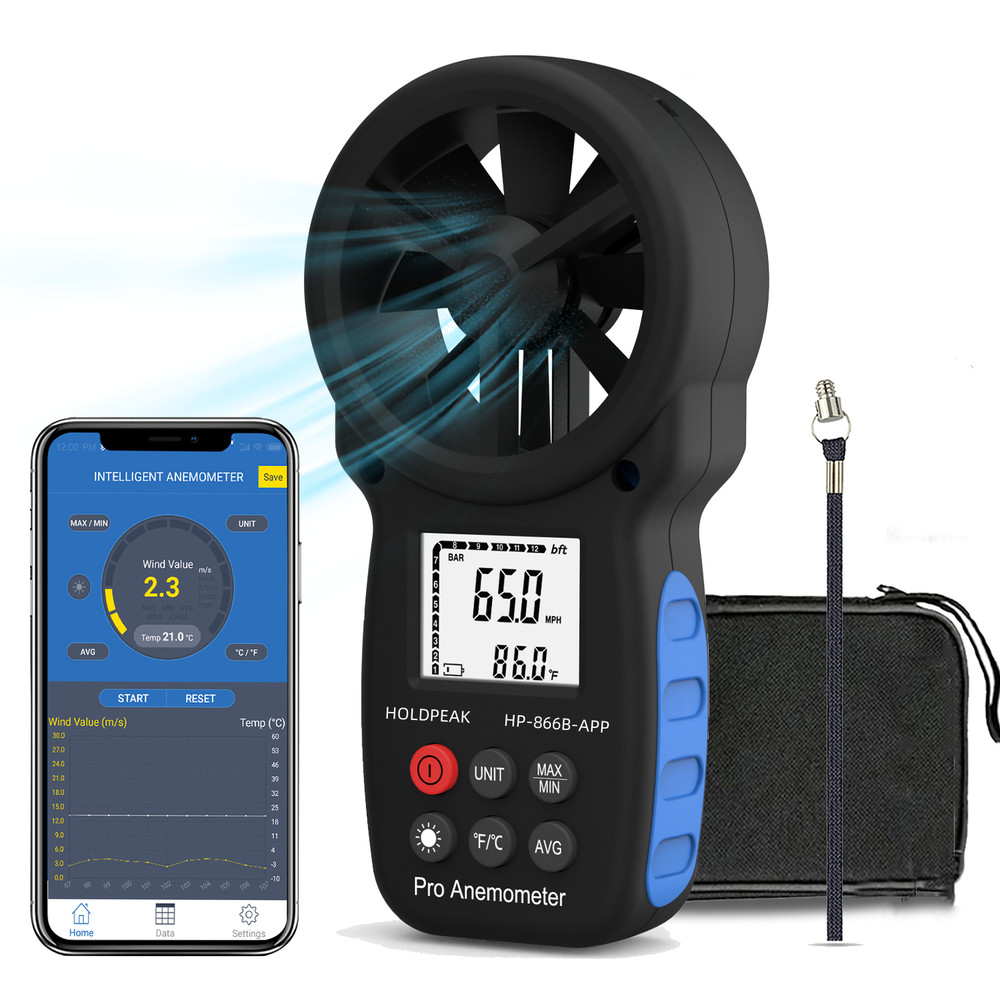 Digital Handheld Anemometer with Bluetooth & Temp Sensor - 30m/s Max Wind Speed