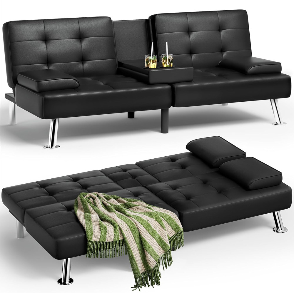 Black Leather Futon Sofa Bed with Removable Armrests & Cup Holders