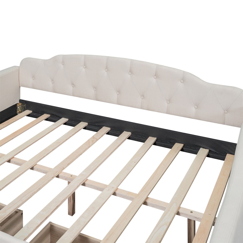 Full Size Daybed Upholstered Bed Frame Sofa Bed with 2 Storage Drawer Beige
