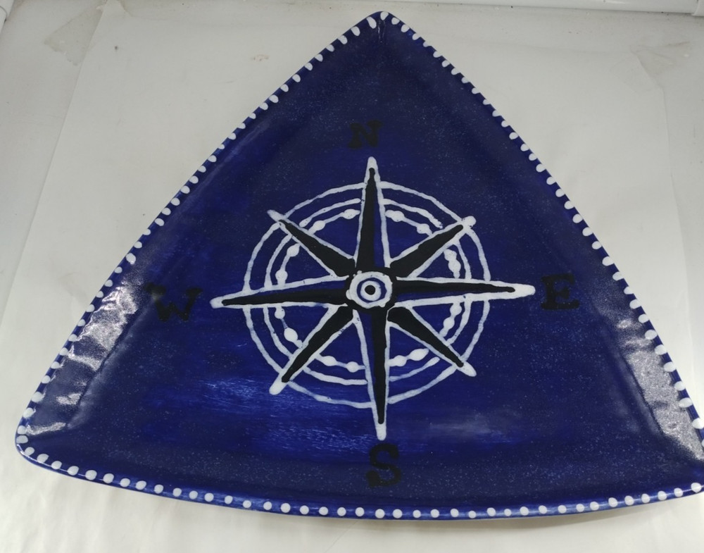 Marina Compass Theme Ceramic 12" Triangle Platter White & Blue B2