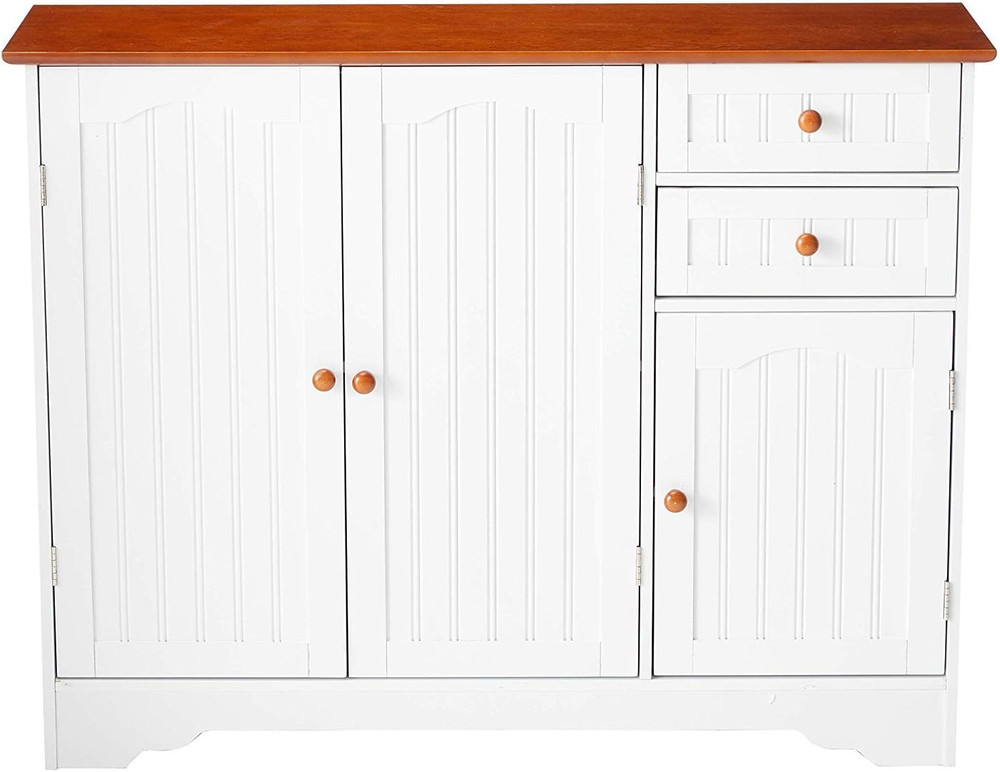 Elegant White/Walnut Kitchen Pantry Sideboard Buffet Storage Cabinet
