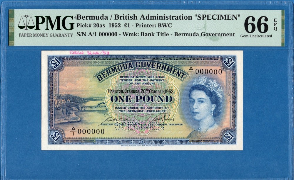 Bermuda/British Admin., 1 Pound, 000000 Specimen, 1952, Gem UNC-PMG66EPQ, P20as