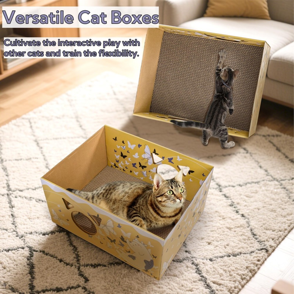 2 Pack Cardboard Cat Scratcher Box, Butterfly Pattern Cat Hideaway House with...