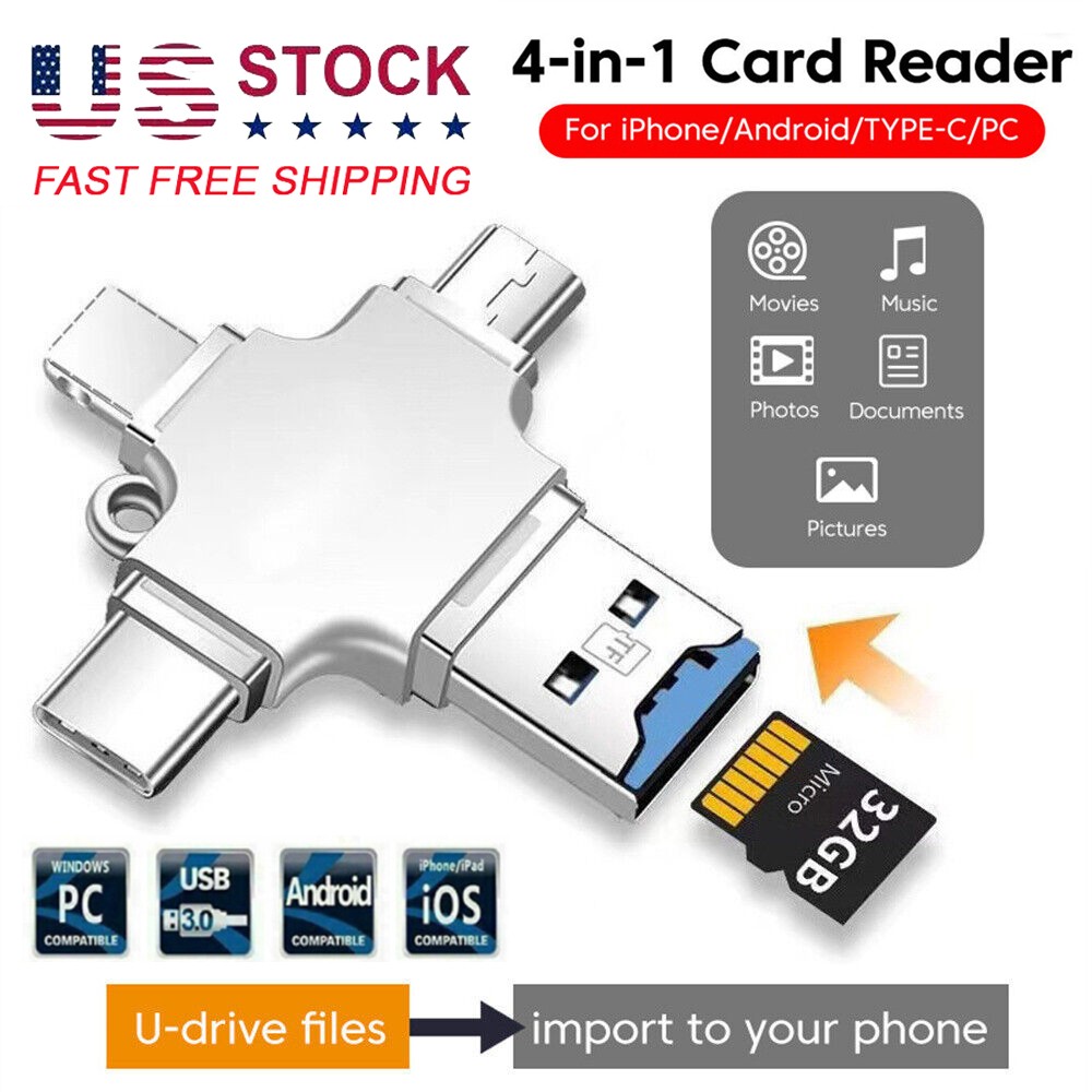 4 in1 OTG iOS Micro Type-C USB Flash TF Card Reader Adapter For iPhone Android