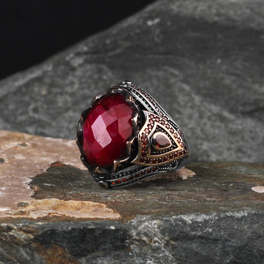 Ruby Stone Men Silver Ring, 925 Sterling Silver Ruby Gemstone Ring, Handmade