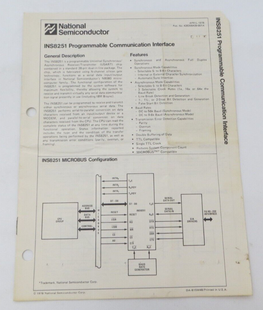 1978 National Semiconductor INS8251 Programmable Communication Interface paper *