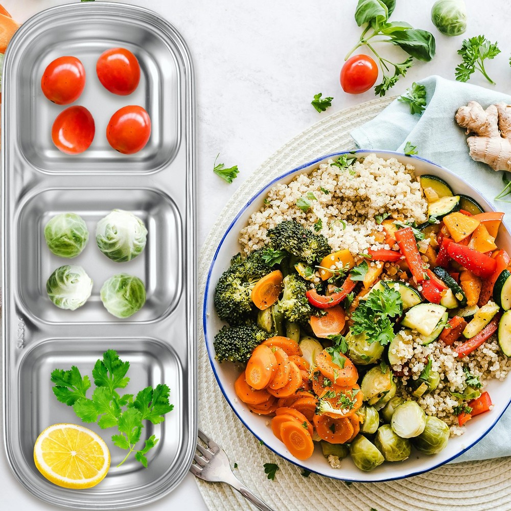 2pcs Metal Dish Dipping with 4 Rectangular Compartment Divided Silver