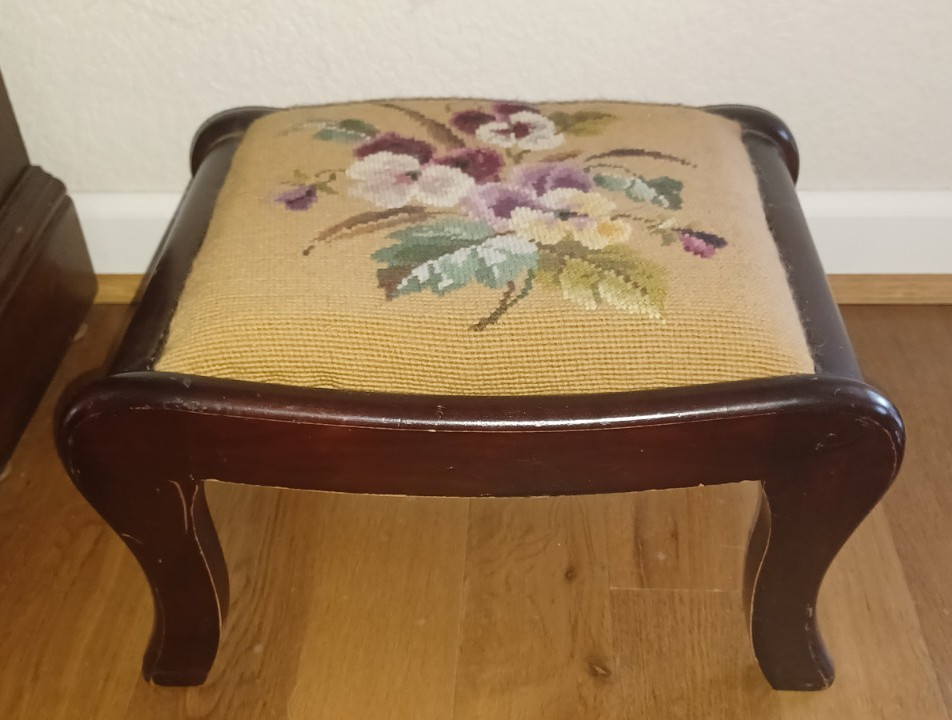 Mahogany Needlepoint Foot Stool Grannycore