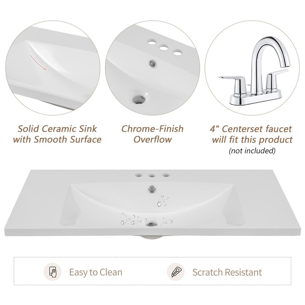 White Bathroom Vanity with 36” Ceramic Sink, Solid Wood & MDF, Ample Storage,