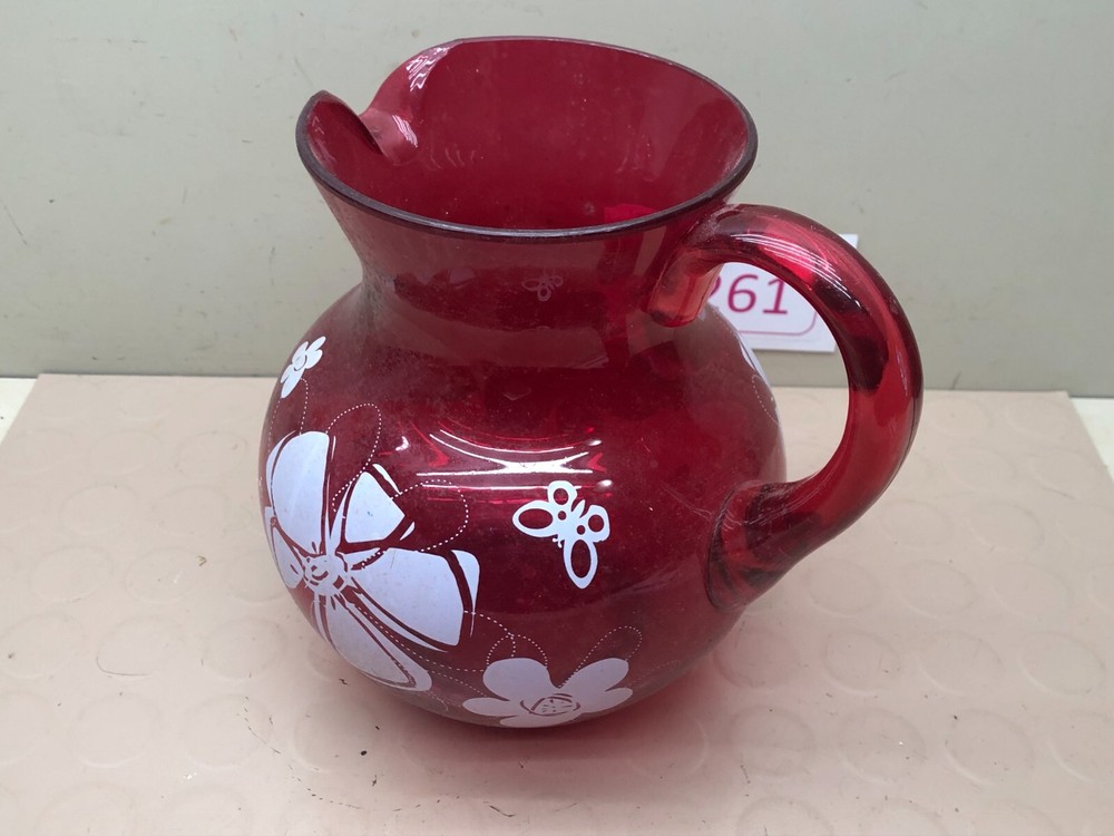 Vintage Red Clear Plastic Pitcher Retro Flower