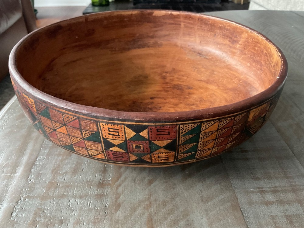 Large 10” Intricate Hand Painted Peruvian Ceramic Red Clay Bowl