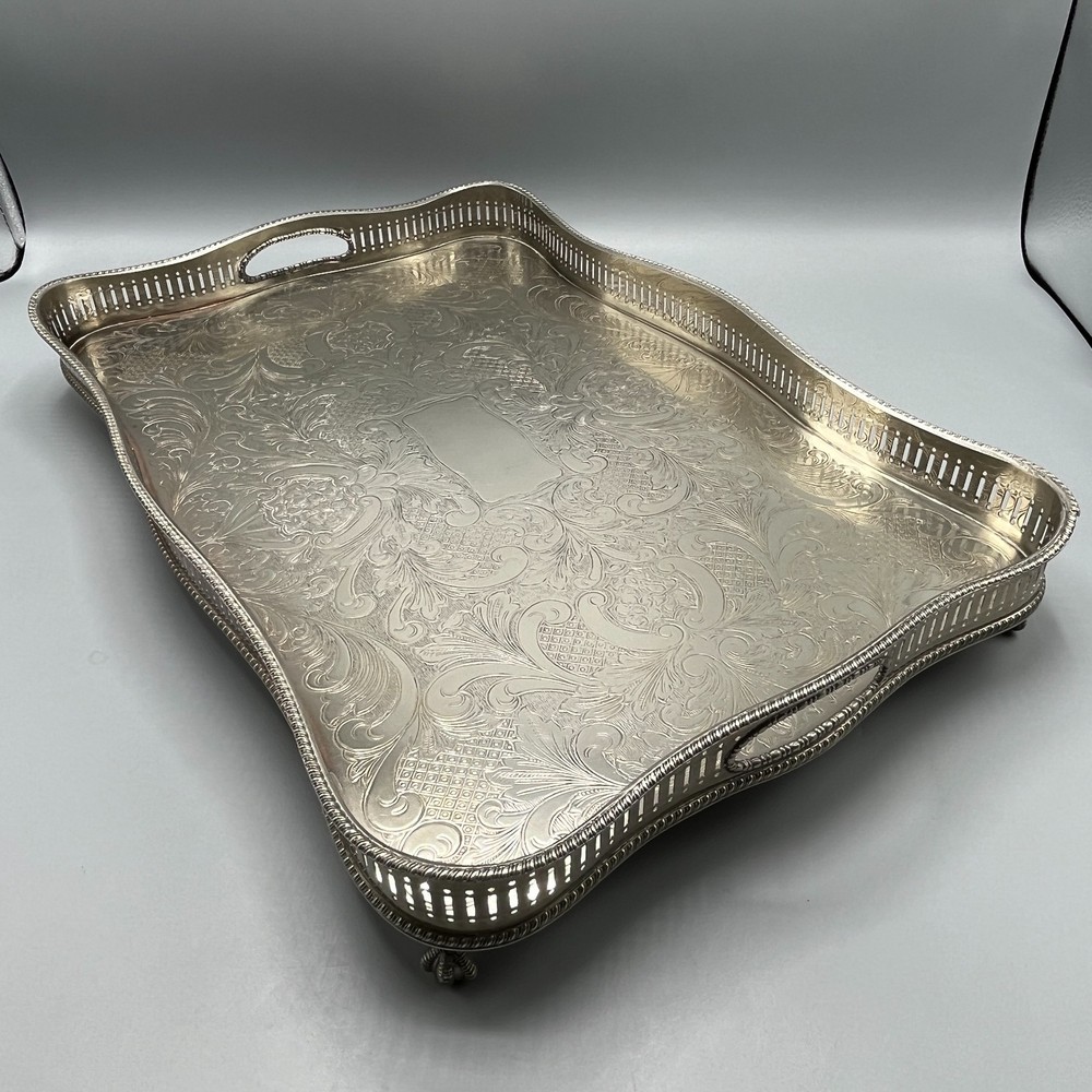 Vintage Silver Plate Footed Gallery Serving Tray Rectangular Serpentine Cocktail