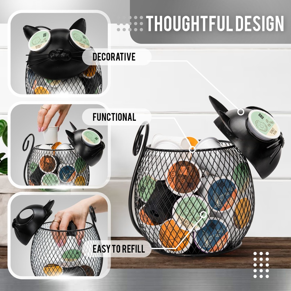 Made Easy Kit Coffee Pod Organizer, Coffee Bar Functional Décor, Black Cat