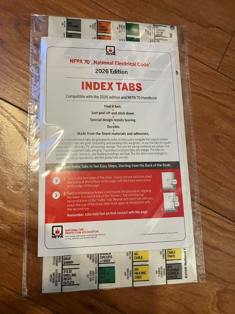 NFPA 70 NEC 2026 Edition INDEX TABS - National Electrical Code
