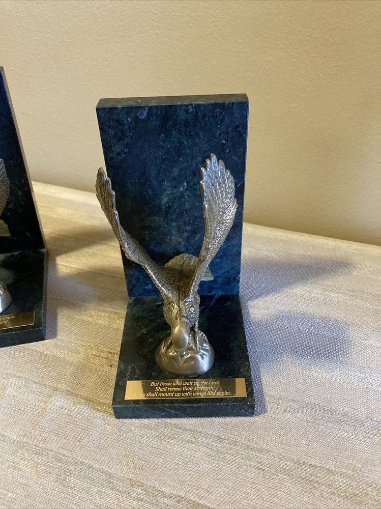 Pair Bronze Eagles Marble Bookends Holders Old Decor Statue Isaiah 40:31 Script