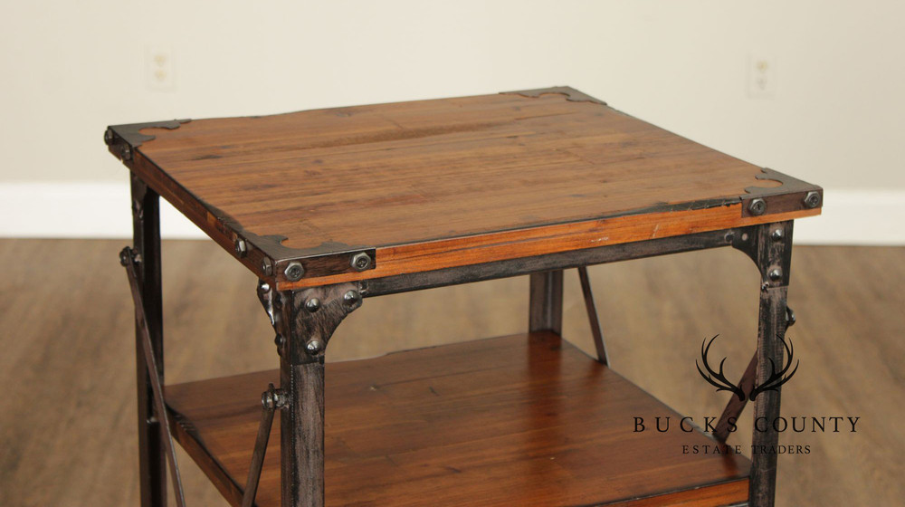 Industrial Rustic Pine And Iron Rolling Shelf With Drawer