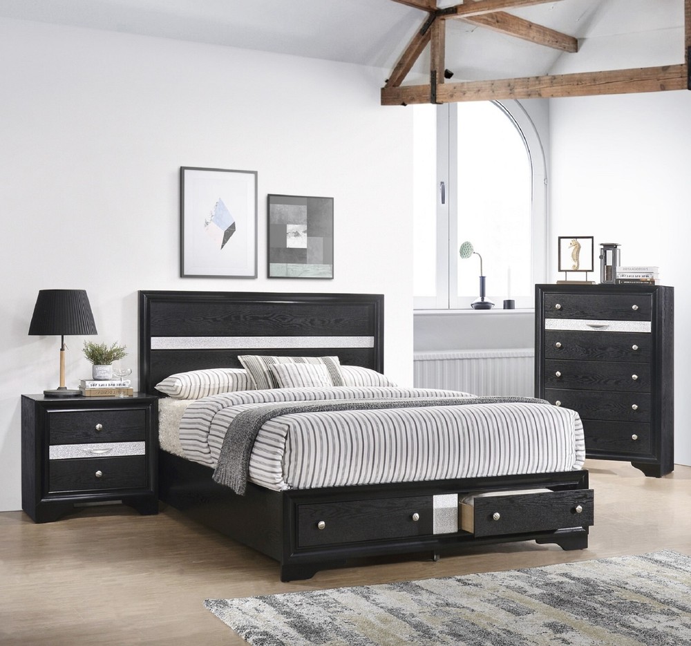 Contemporary Queen Size 3pc Set Storage Bed Chest Nightstand Black Silver Finish