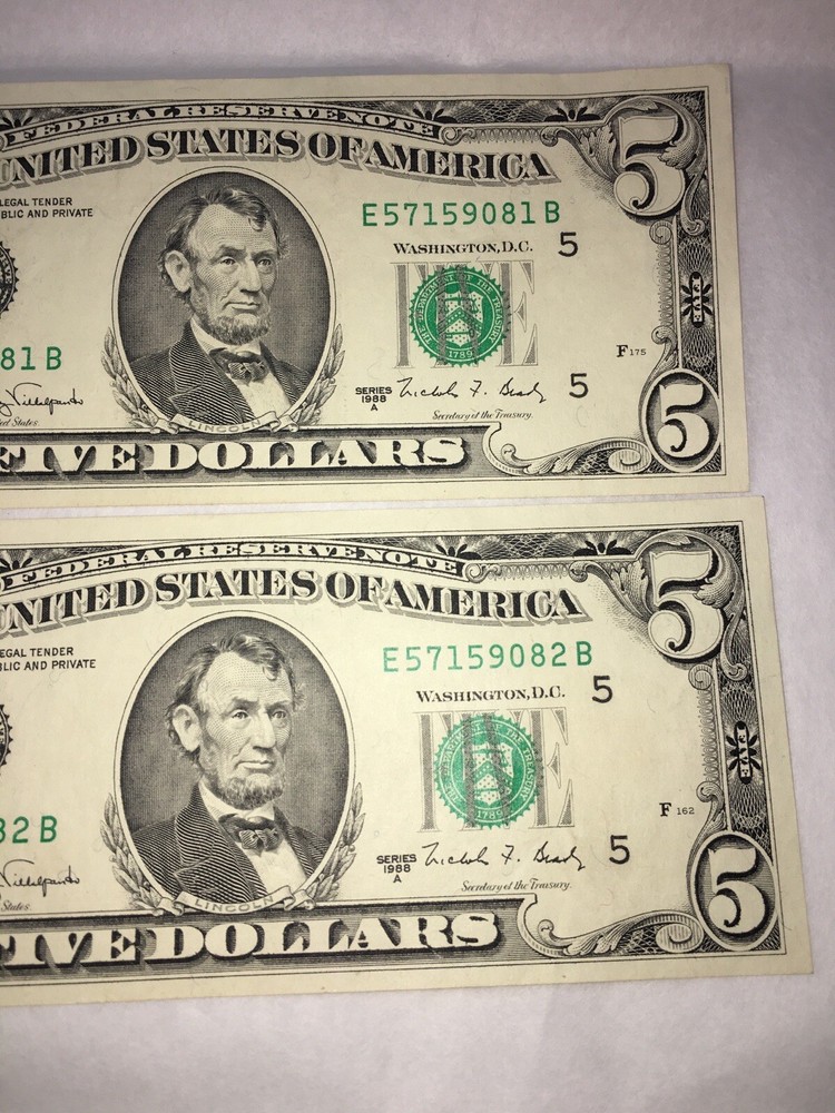 2 Consecutive 1988A $5 FRN's - Both w/ Major Obstructed Printing Error Reverse