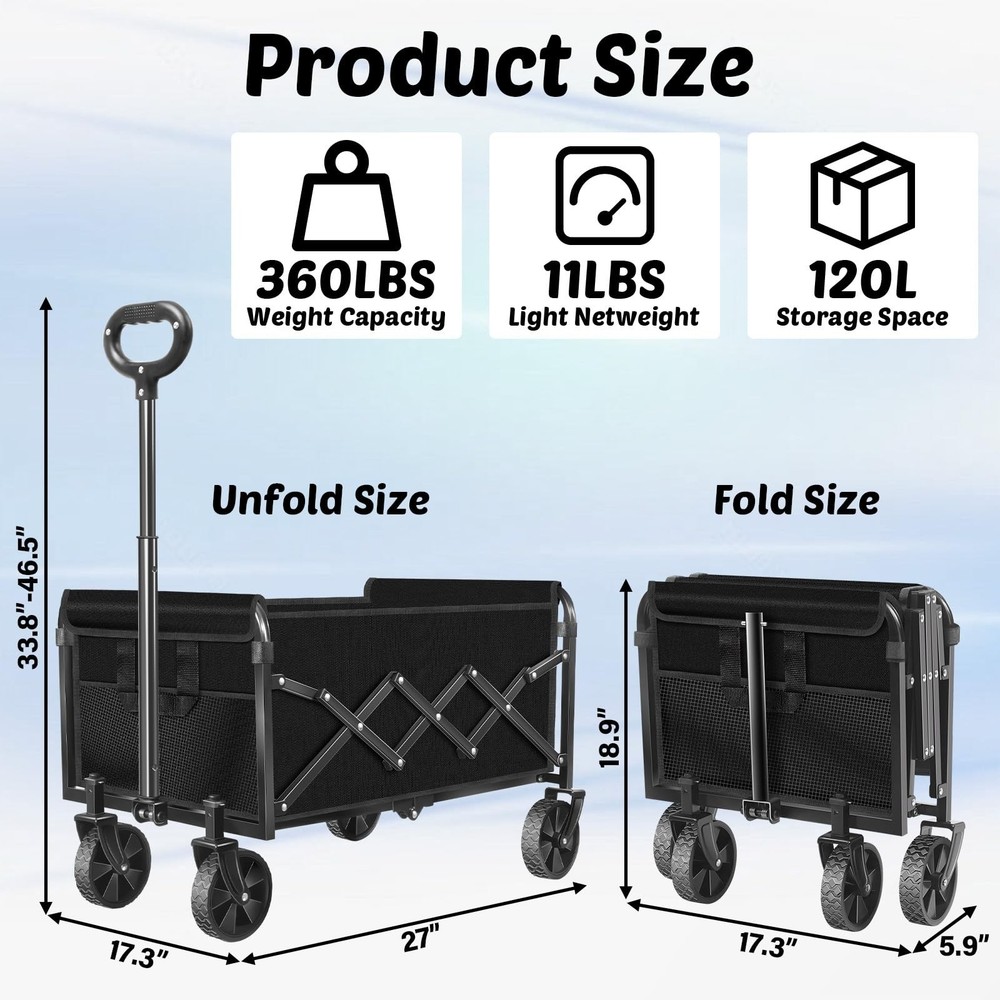 Wagons Carts Foldable, 280 Lbs with Adjustable Handle, Black Lightweight Port...