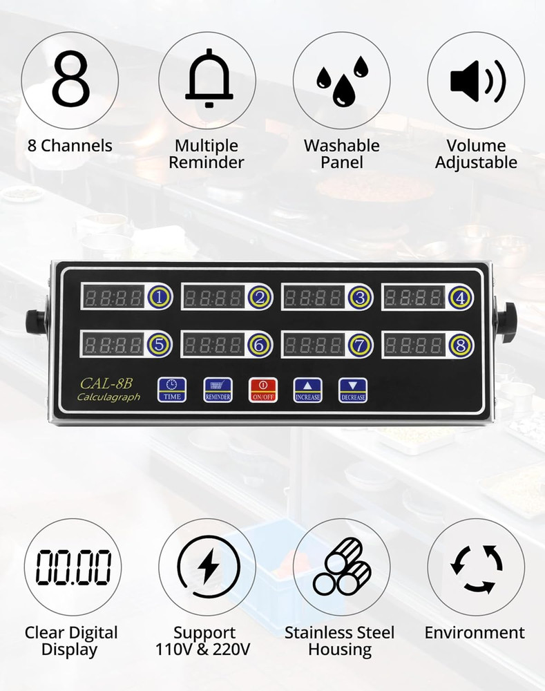 Digital Kitchen Timer - 8-Channel Multi-Timer with Waterproof Panel, Adjustable
