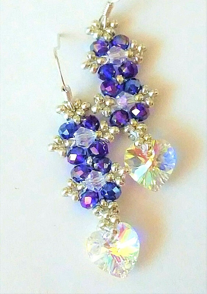 Handmade Blue Luster Crystal Heart Earrings