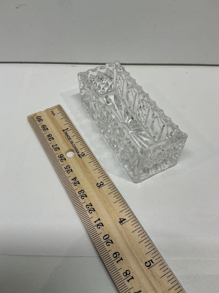 Vintage Cut Glass Toothpick Holder Rectangular Starburst Pattern