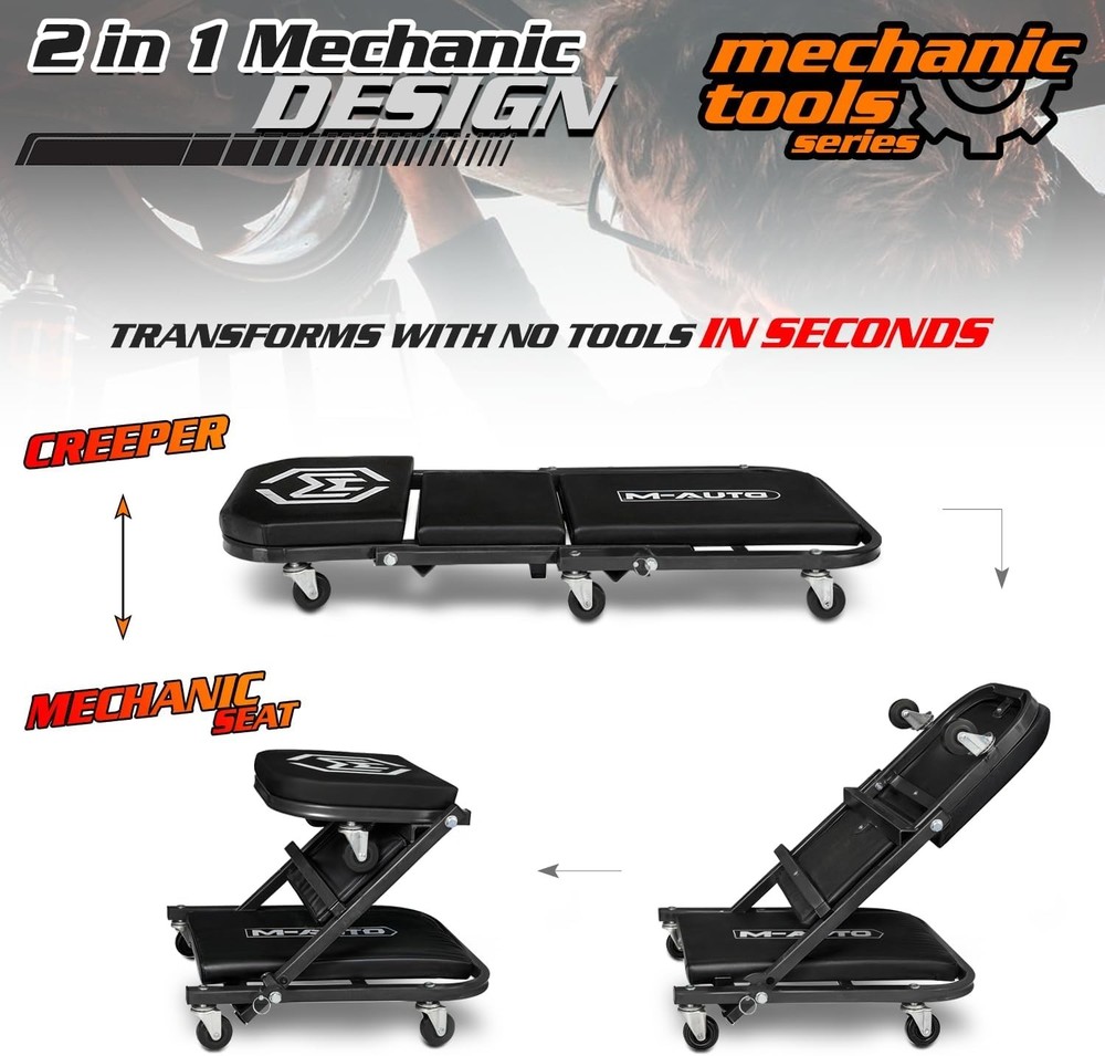 Foldable Z Creeper 2-in-1 Rolling Folding Car Creeper & Seat, 36" Adjustable