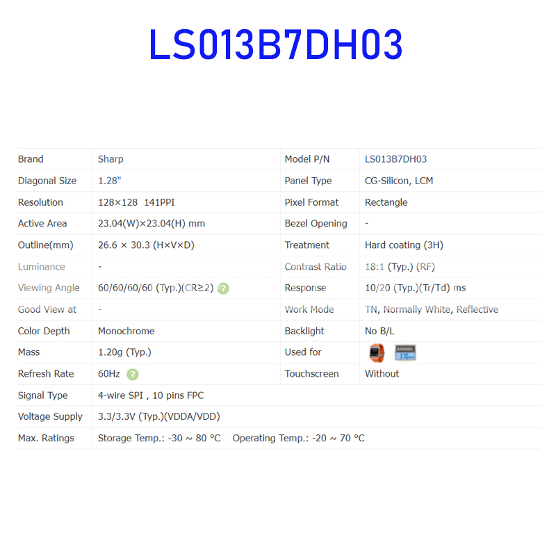 LS013B7DH03 128*128 Monochrome LCD Display Screen Panel For Sharp