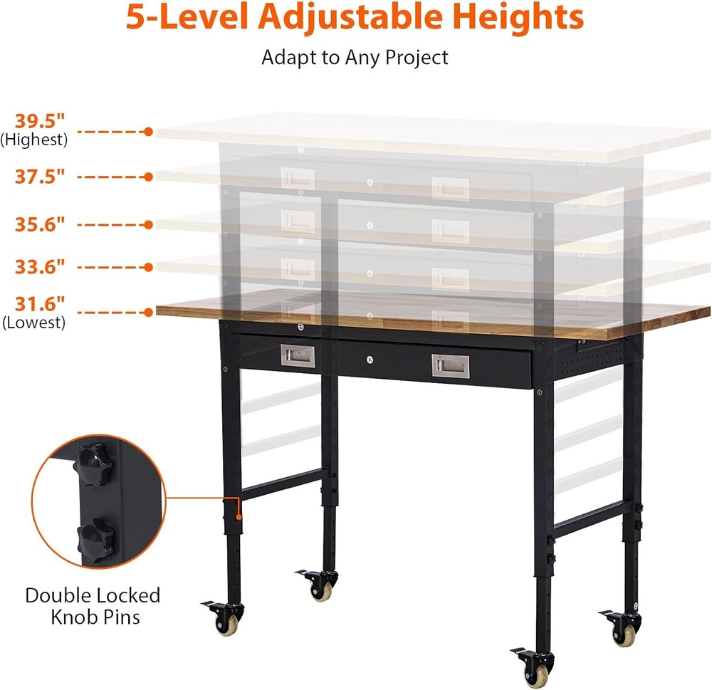 60"x 22" Workbench Adjustable Height Worktable 2000 lbs w/ Power Outlet & Drawer