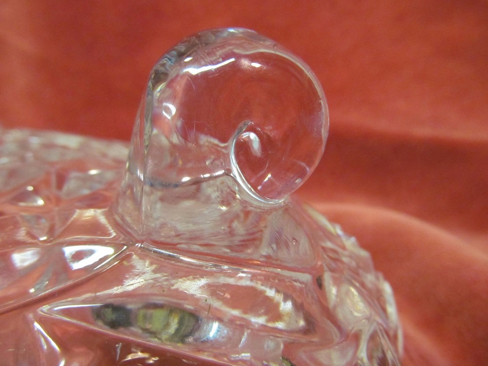 8 3/4" TRIANGULAR PRESSED GLASS LIDDED & FOOTED CANDY DISH WITH SPIKE SPIRE