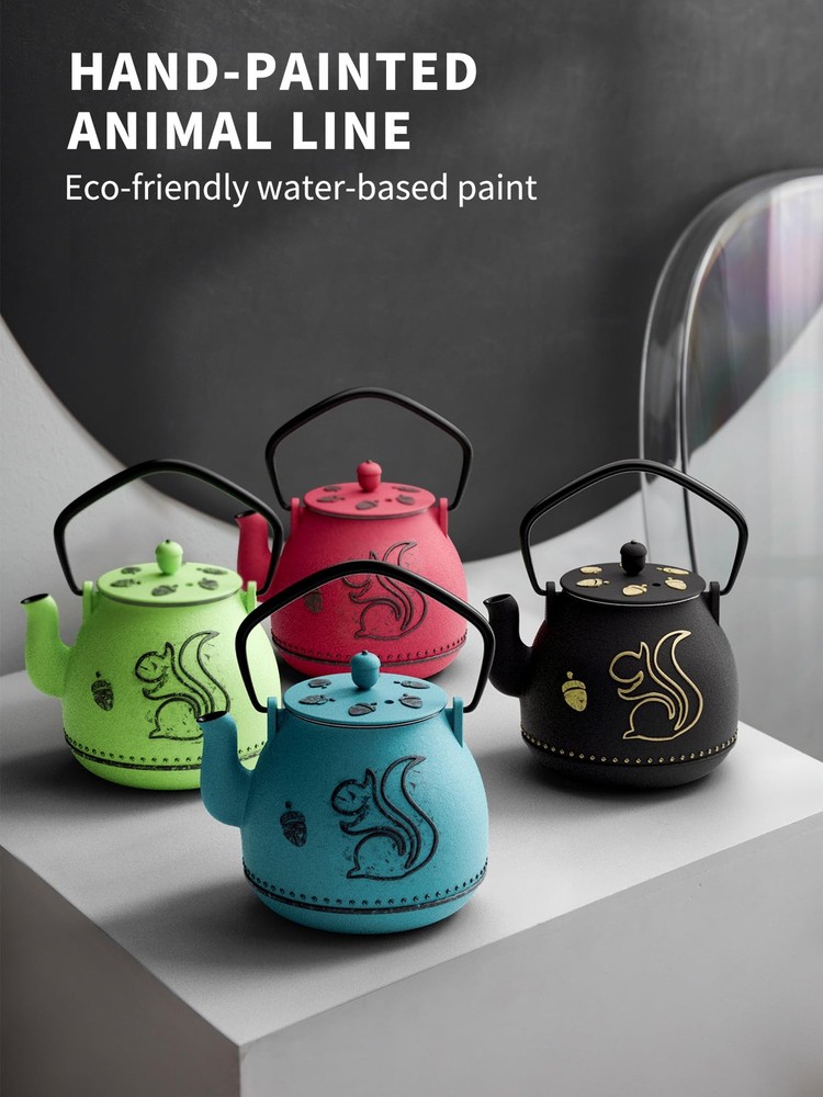 Cast Iron Tea Kettle with Removable Infuser 32 Ounce Squirrel Design Red