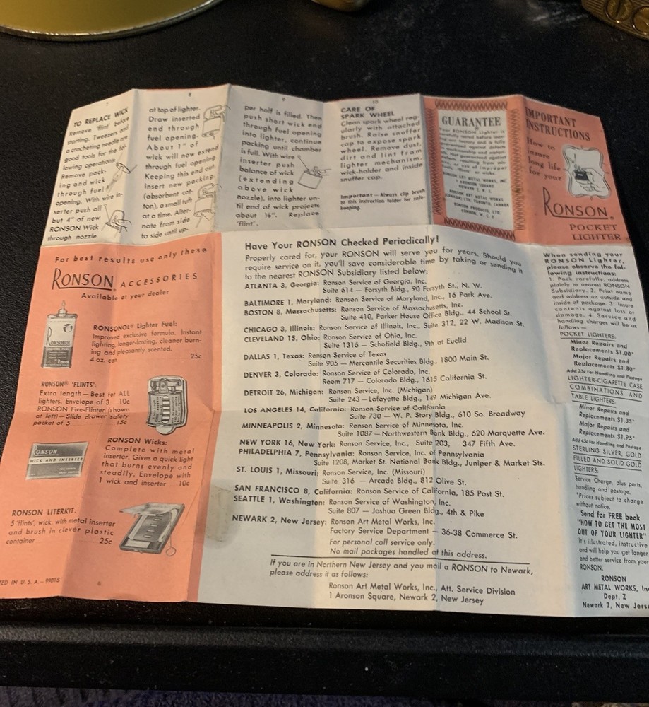 Ronson Pocket Cigarette Lighter Instruction Booklet.