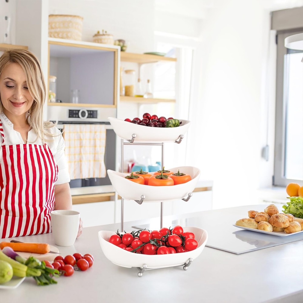 3 Tier Fruit Basket for Kitchen Counter, Silver/White Ceramic Fruit Bowl for ...