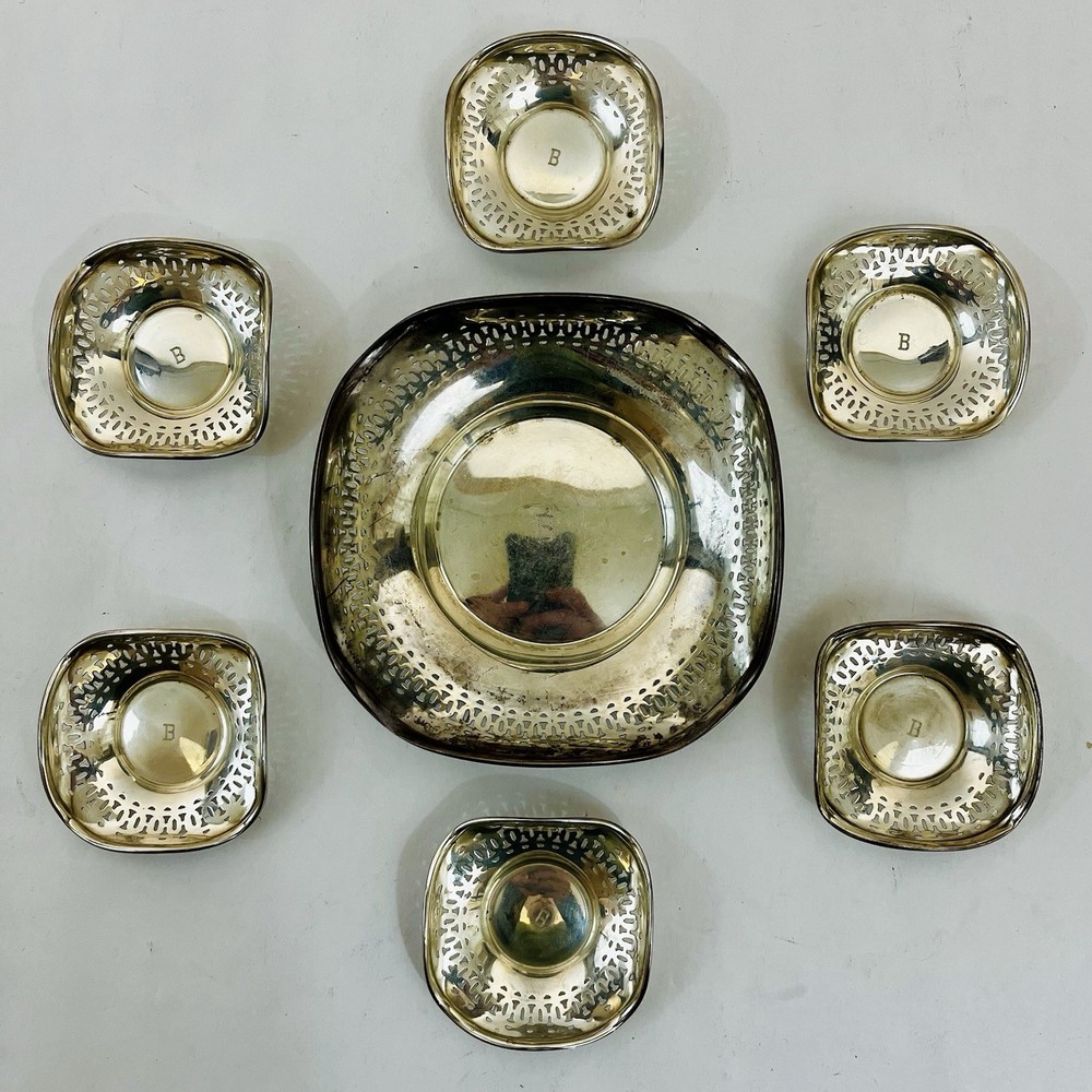 Solid Sterling Silver PIERCED BONBON NUT CONDIMENT SET 7 PCS 157g MONOGRAM “B”