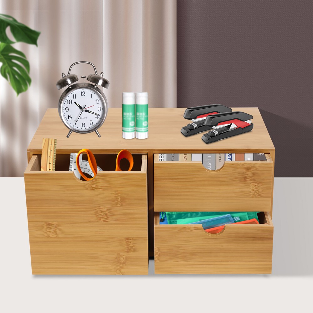 Desk Organizer Drawers Office Desktop Storage Bamboo Box Storage Recess Handle