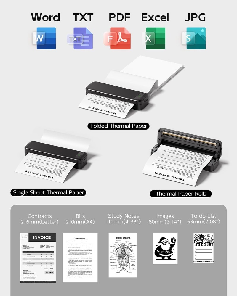 Inkless Bluetooth Thermal Printer with 4 Rolls Paper