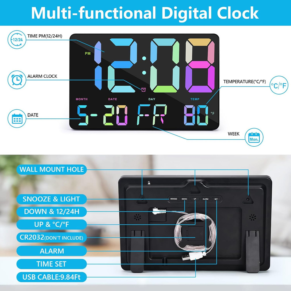 Digital Alarm Clock with Snooze, Temperature, Auto Dimming, 11.5" Large Display